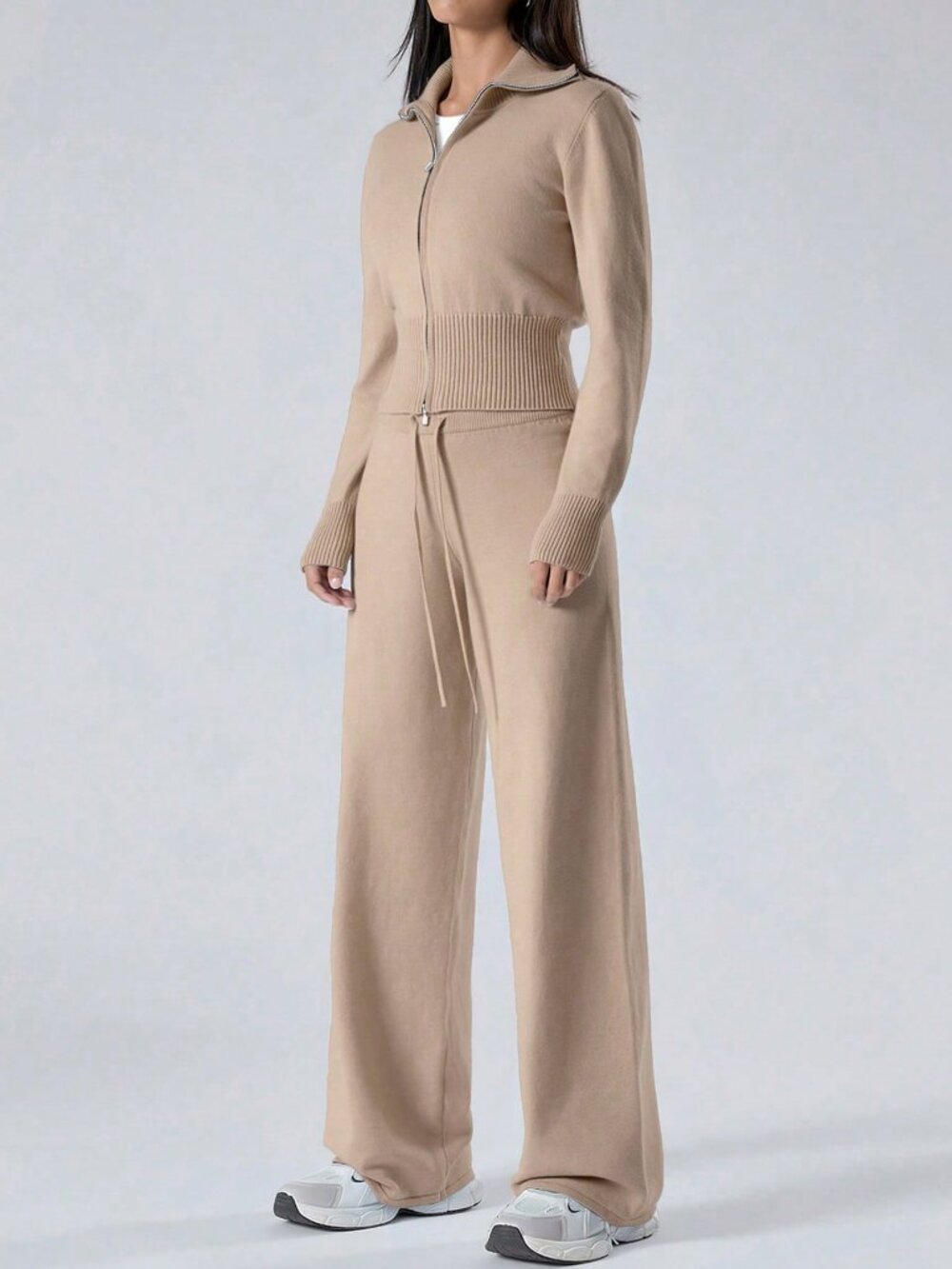 Women's Casual Zip-Up Cardigan and Knit Pants Sweater Set
